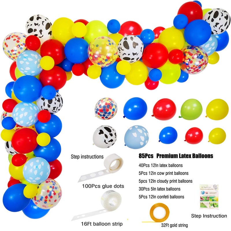 Haptda Toy Inspired Story Balloon Arch & Garland Kit, 85 Pack 12" 5" Cloud Cow Print Balloons Red Yellow Blue Fruit Green Latex Balloons Confetti Balloon Set for Baby Shower Kids Birthday Party Decorations - Image 3